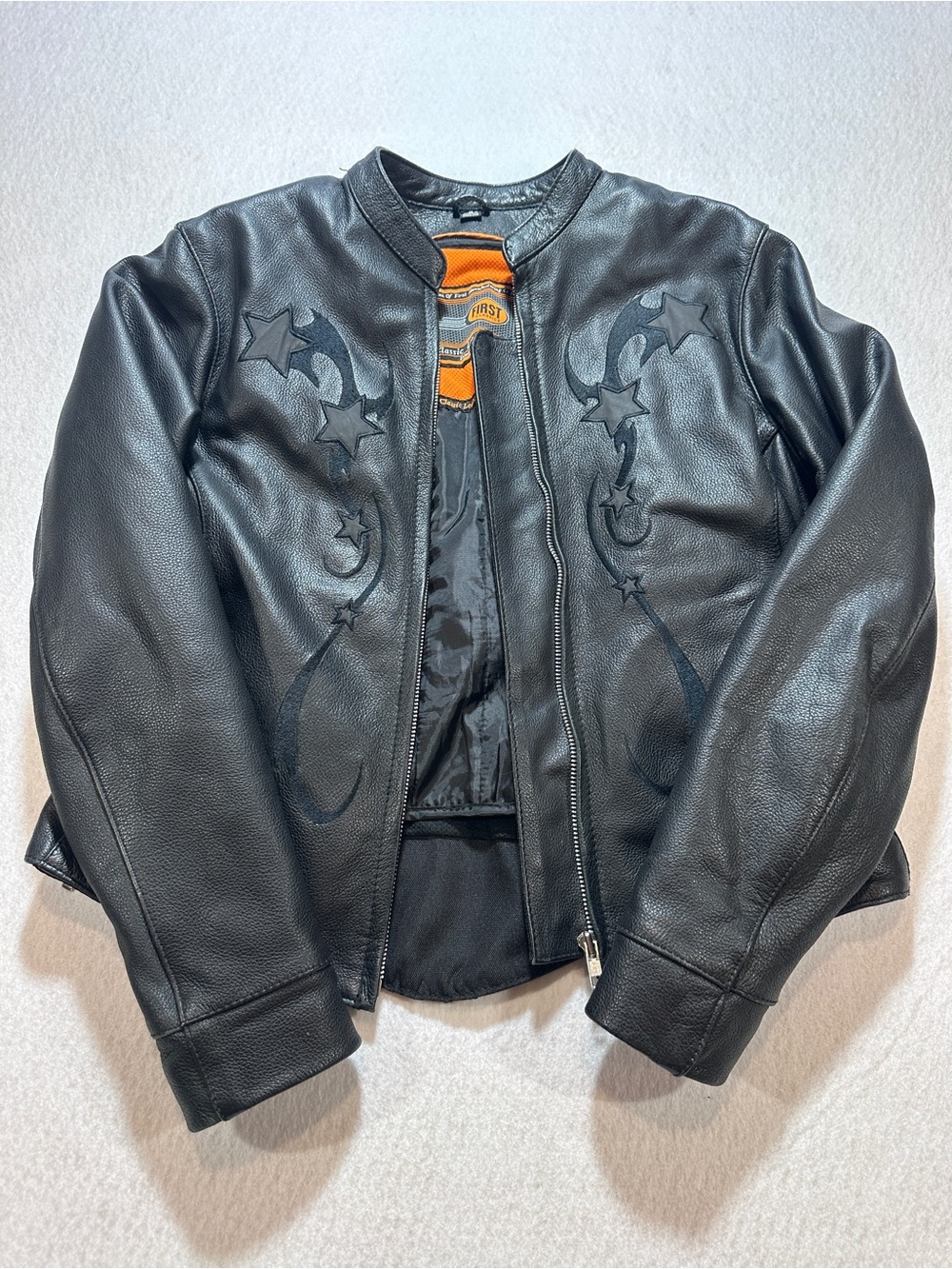 First classics Black Embossed Star & Crescent women’s Leather Jacket. Motorcycle